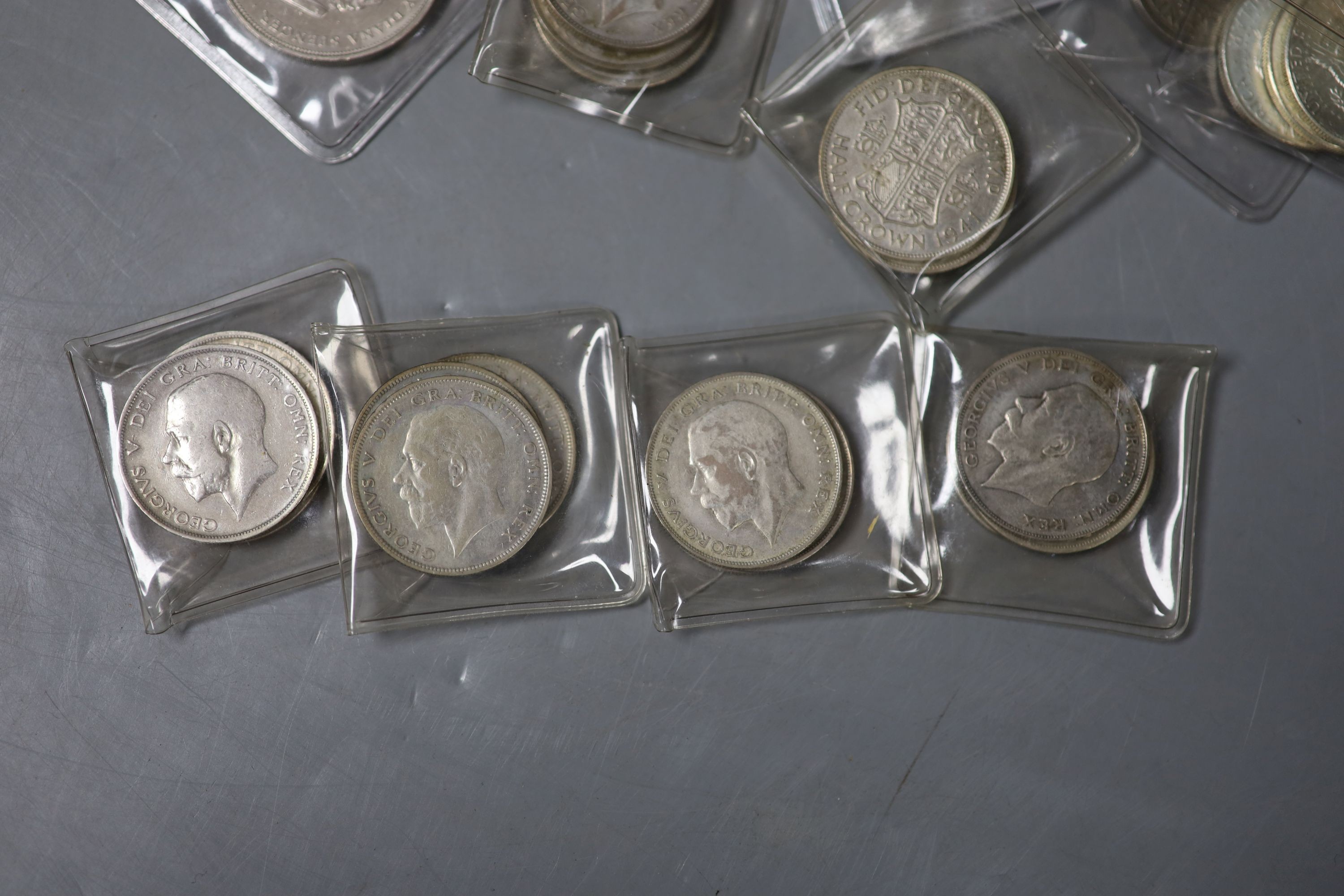 A group of George V to George VI halfcrowns, 1914-1950, two US Morgan dollars and 15 brilliant uncirculated Kennedy half dollars etc